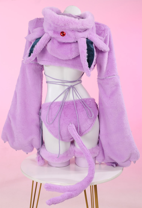 Furry Paw Sexy Lingerie Kawaii Purple Plush Homewear Paw Gloves Hoodie and Bra Panty with Stockings